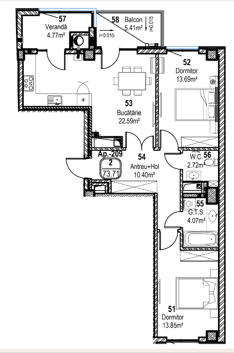 Apartament cu 2 camere (Nr. 209) în complexul Horus City – tehnologie, liniște și confort absolut în inima Chișinăului