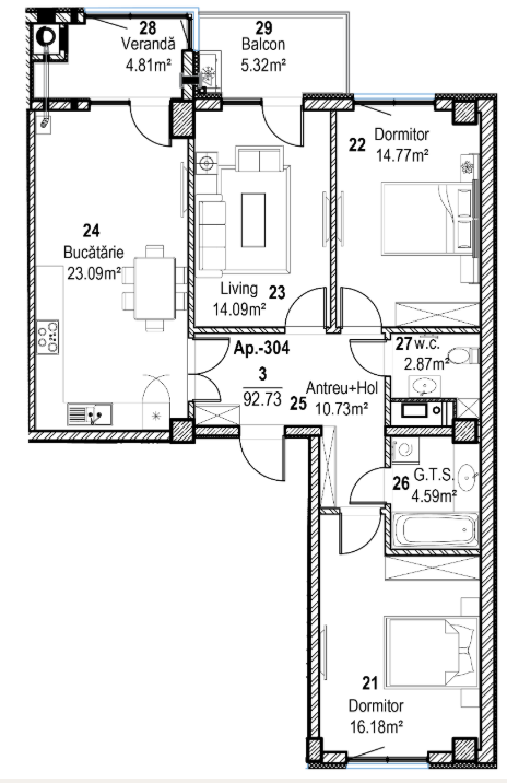 Apartament cu 3 camere (Nr. 304) în complexul Horus City – tehnologie, liniște și confort absolut în inima Chișinăului