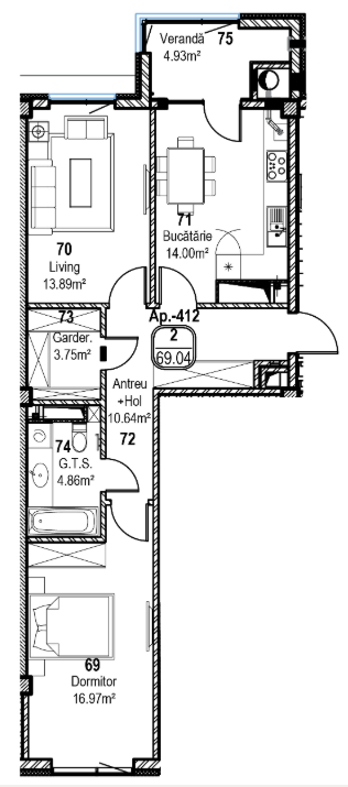 Apartament cu 2 camere (Nr. 412) în complexul Horus City – tehnologie, liniște și confort absolut în inima Chișinăului